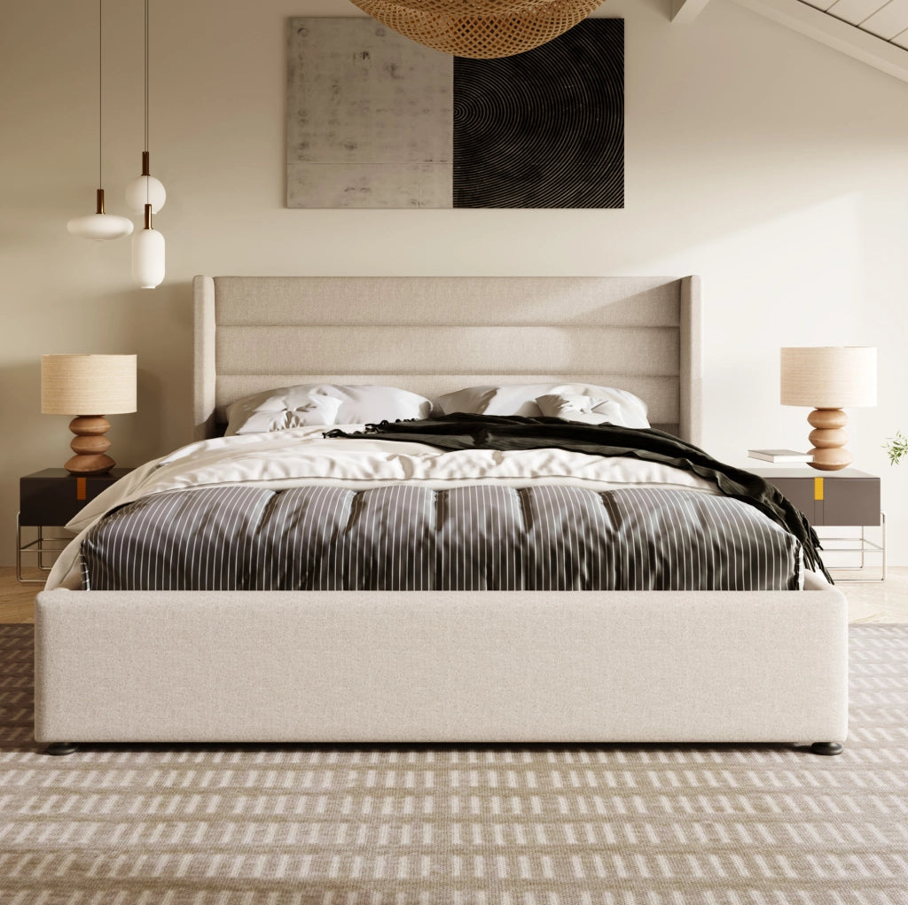 Letto matrimoniale contenitore 160x200 cm con testiera imbottita in lino; beige