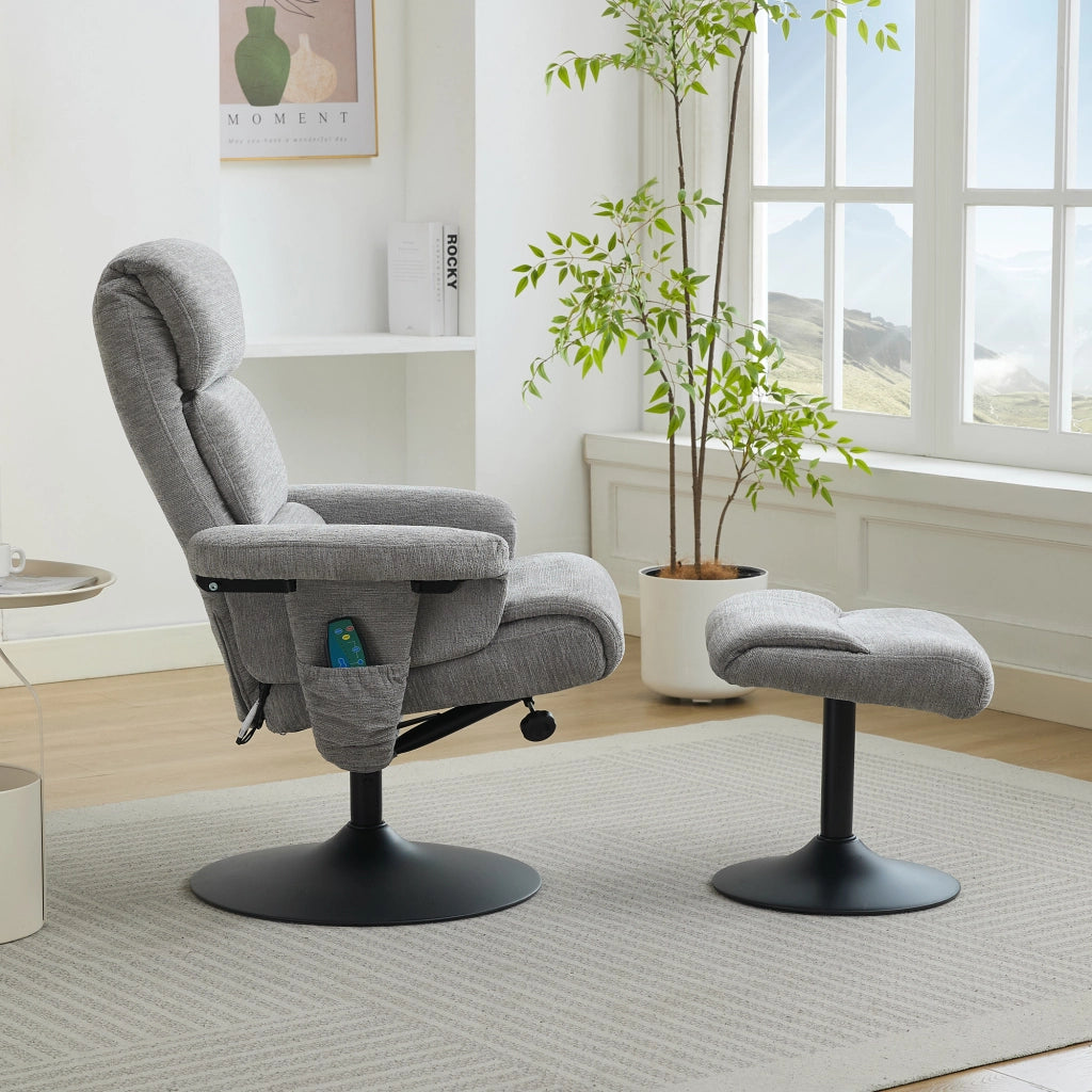Fauteuil relax in ciniglia con massaggio a 5 punti, funzione riscaldante, girevole 360° e poggiapiedi grigio