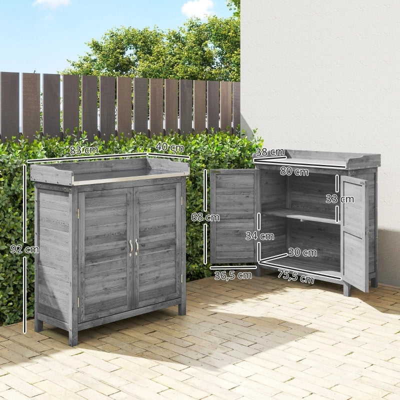 Mobile da giardino con tavolo da rinvaso, casetta portautensili in legno con piano di lavoro zincato e 2 ripiani, grigio