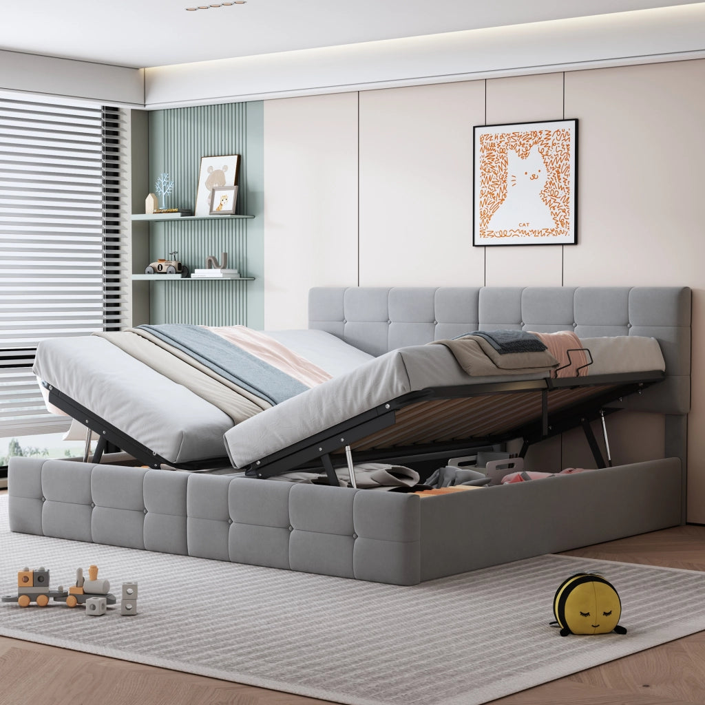 Letto contenitore matrimoniale 180×200 cm con testiera regolabile e convertibile in due letti singoli; senza materasso; grigio