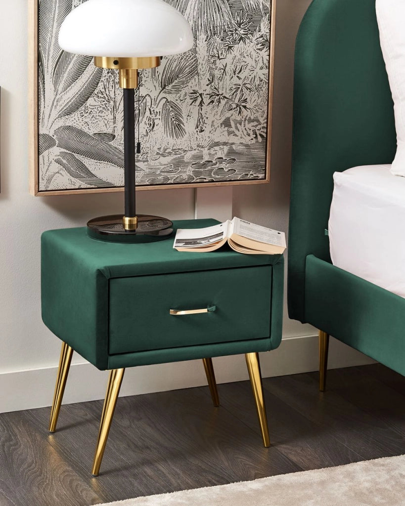 Comodino con rivestimento in velluto verde smeraldo Comodino con 1 cassetto Mobili per camera da letto dal design minimalista