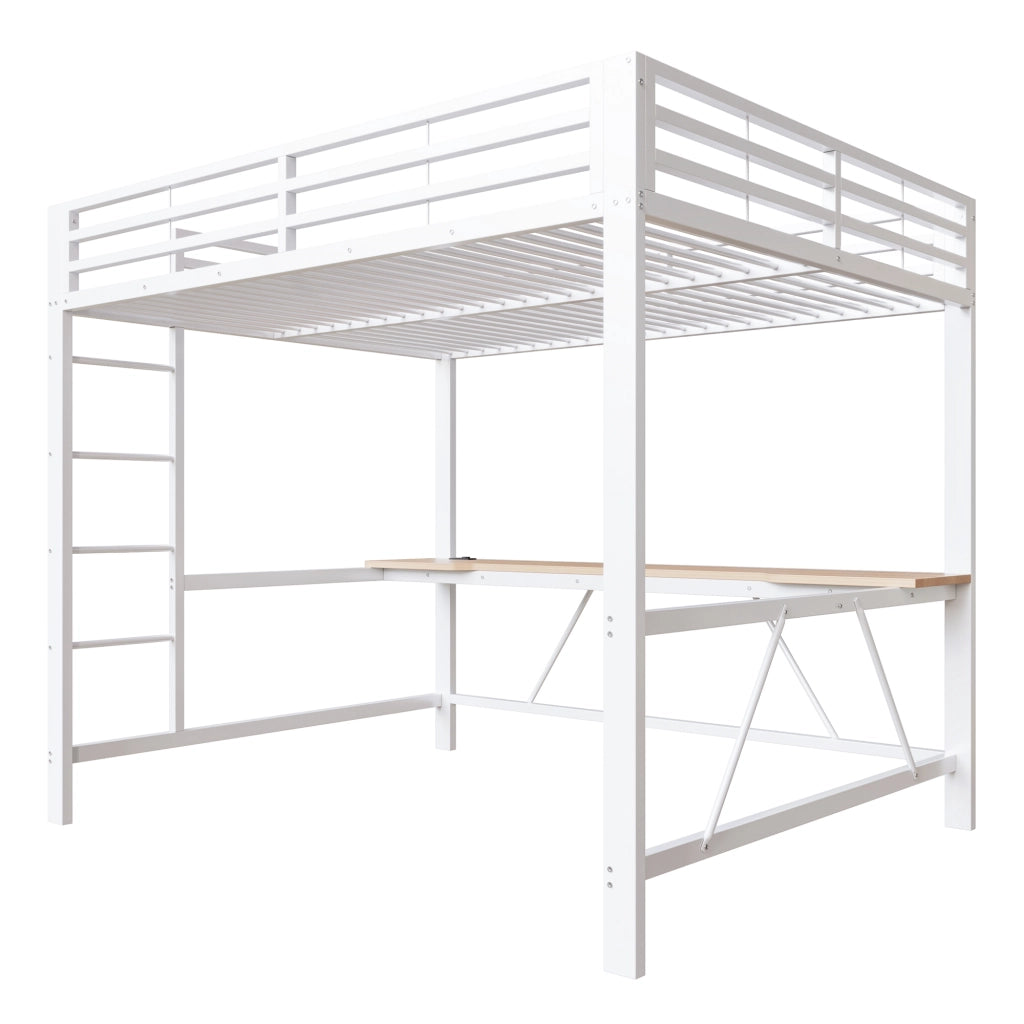 DESMIU Letto a soppalco 160 × 200 cm 2 posti con scrivania, LED e ripiani, senza materasso, in metallo, bianco
