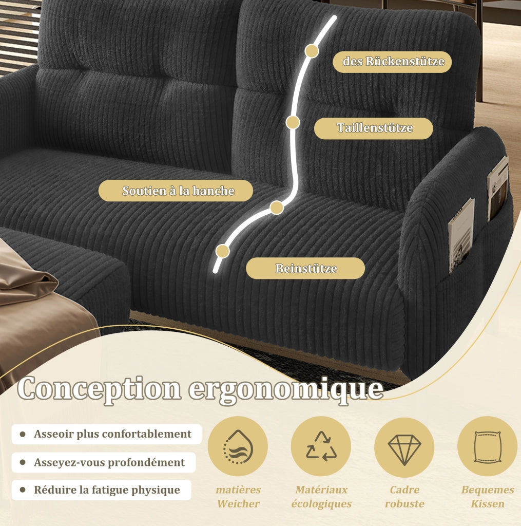 Set divano; poltrona e pouf modulare in corduroy grigio