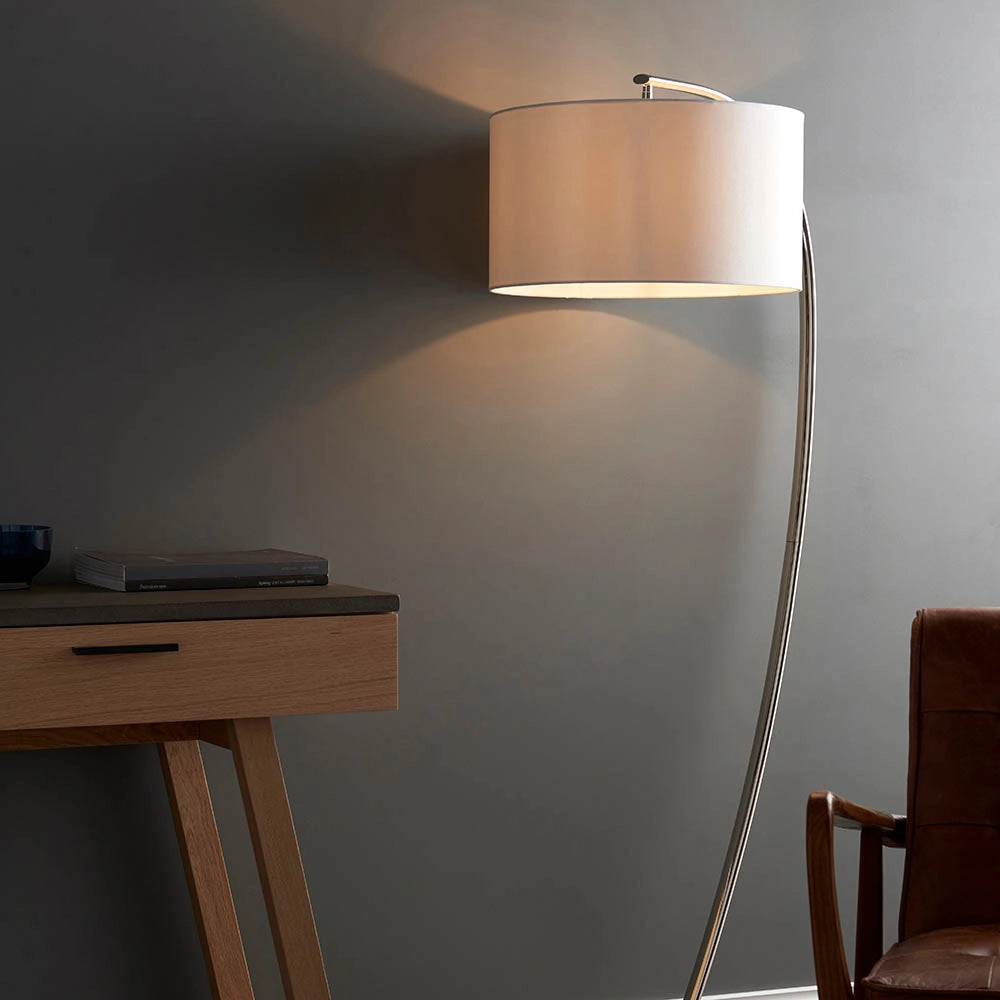 Lampada da terra arco moderna nichel, paralume bianco E27 Endon
