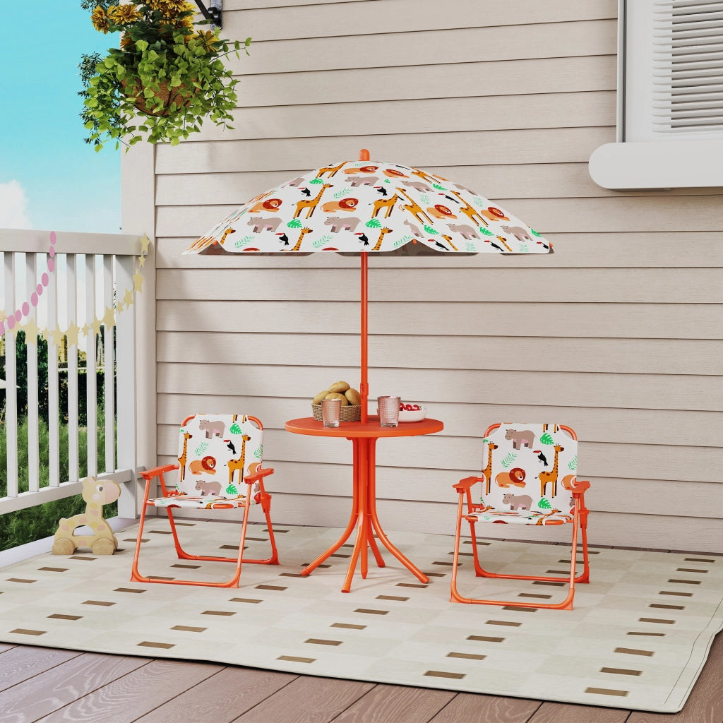Set giardino bambini ¨C zephmum ¨C tavolo con 2 sedie pieghevoli e ombrellone, motivo animali, arancione