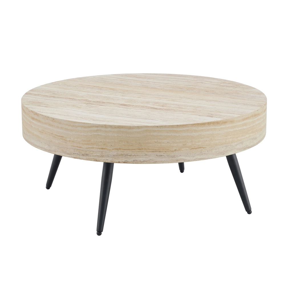 Tavolino rotondo da salotto 70 cm in MDF effetto travertino chiaro con gambe in metallo nere
