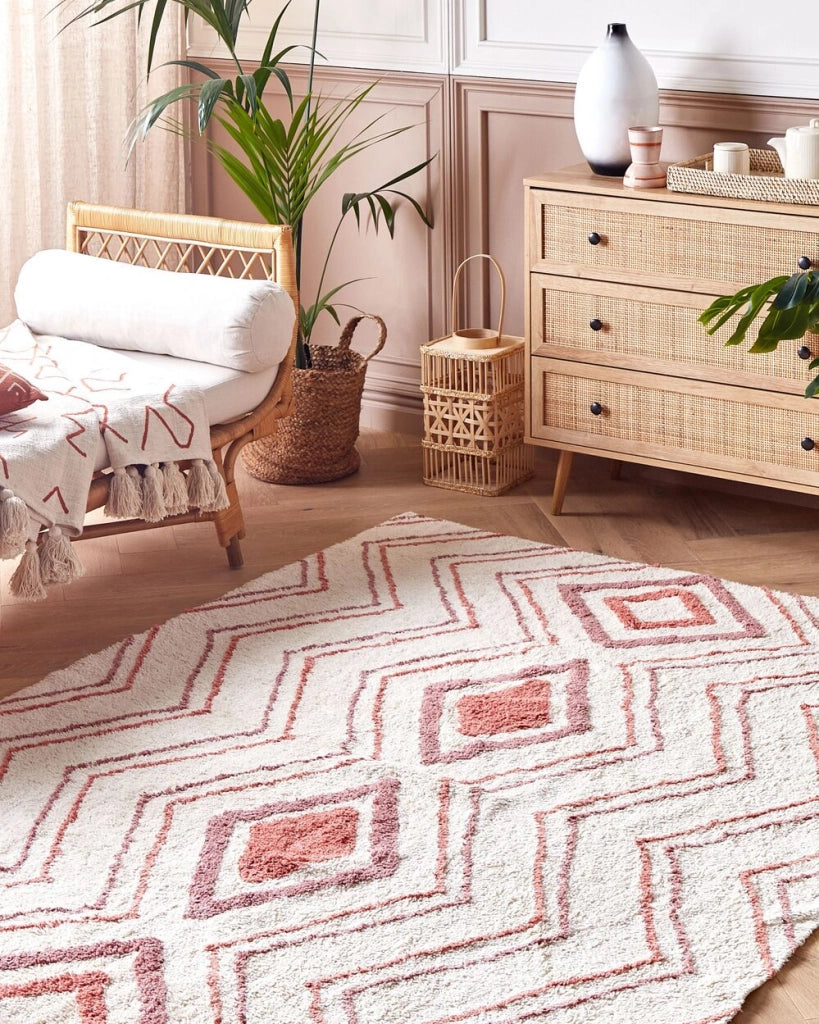 Tappeto cotone trapuntato beige e rosa stile boho 160 x 230 cm soggiorno camera da letto