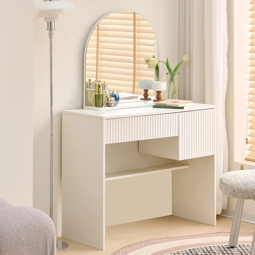 Tavolo trucco con specchio arcuato, 2 cassetti, design moderno, bianco, MDF