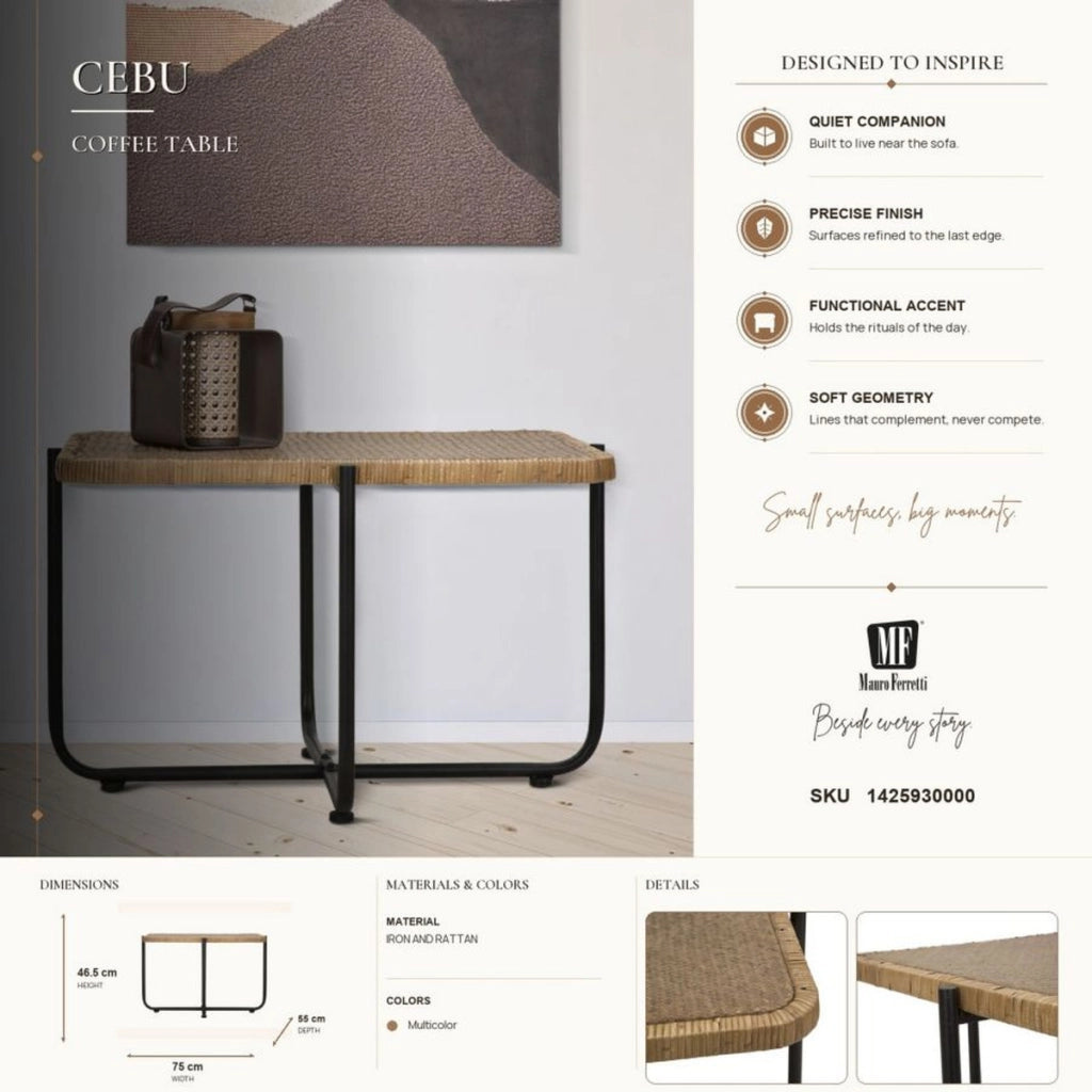 Tavolino da caffè Cebu in rattan e ferro nero — 75x55x46,5 cm