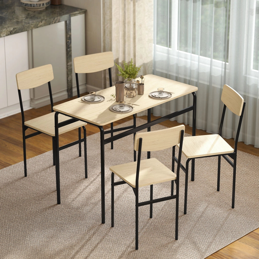 Set da Pranzo 5 Pezzi con Tavolo Rettangolare e 4 Sedie da Pranzo, in Legno e Metallo, Nero e color Legno