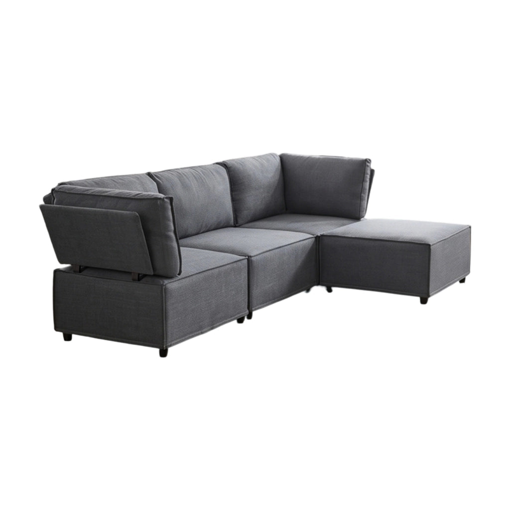Divano modulare componibile con funzione letto e configurazione flessibile per soggiorno in tessuto grigio scuro