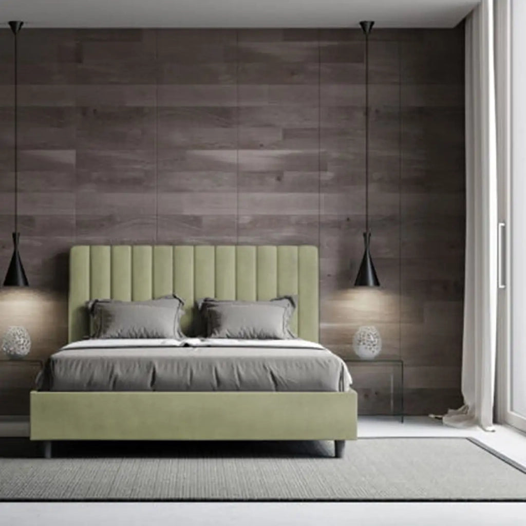Letto matrimoniale contenitore imbottito 160x200 microfibra tè verde Agueda