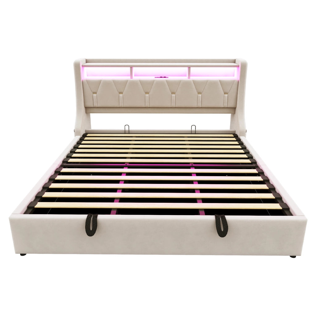Letto matrimoniale contenitore 180x200 cm con testiera ribaltabile; prese; LED e piedi maggiorati; velluto beige