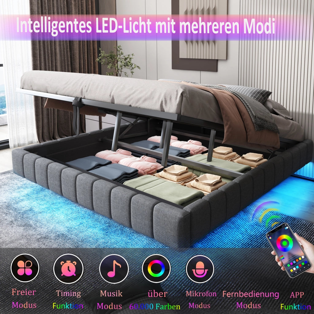 Letto matrimoniale imbottito fluttuante senza testiera; LED e contenitore a gas; lino grigio; 180x200 cm; senza materasso
