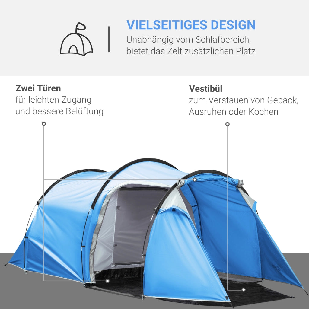 Tenda a tunnel per 2-3 persone, tenda da campeggio 190T con picchetti, in fibra di vetro e poliestere, azzurra, 426x206x154 cm