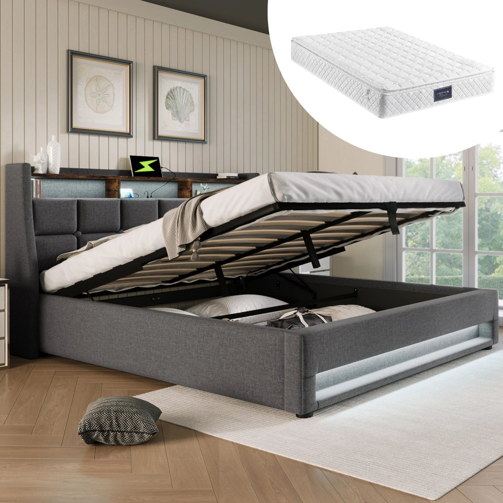 LETTO Contenitore 140x200 cm Grigio in Lino con USB e LED