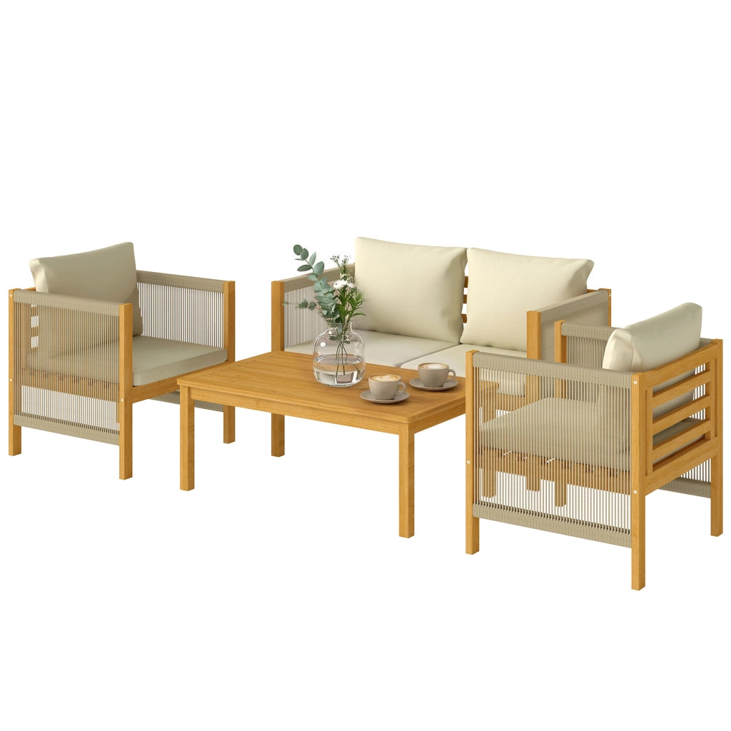 Set Salotto Giardino 4 Pezzi ¨C Zephmum ¨C Divanetto, 2 Poltrone con Cuscini, Tavolino Legno Acacia
