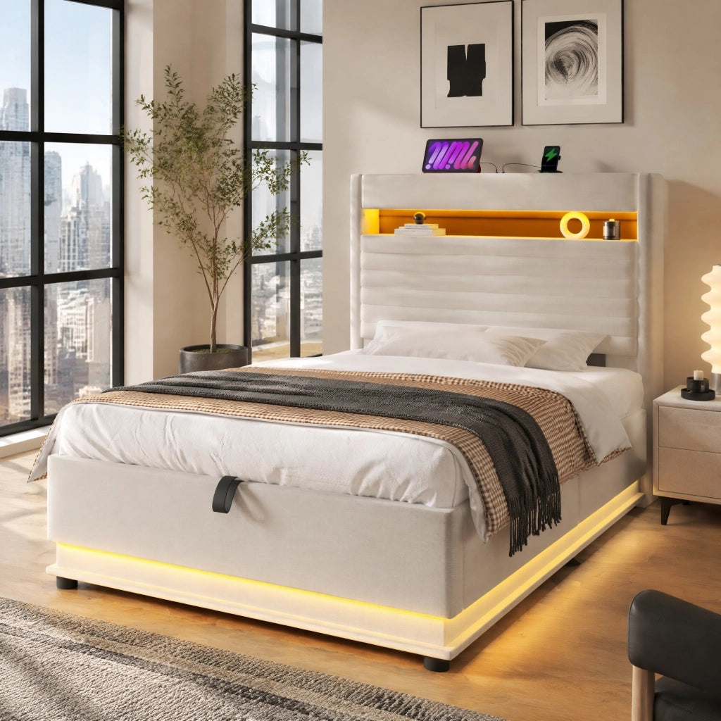 LETTO Contenitore 90x200 cm in lino beige con LED e USB Type-C