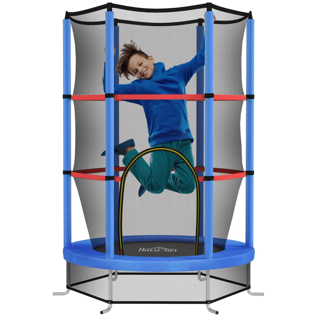 Tappeto Elastico per Bambini 3-6 Anni con Rete di Protezione, 6 Colonne e 3 Ingressi, ?140x190 cm, Blu e Nero