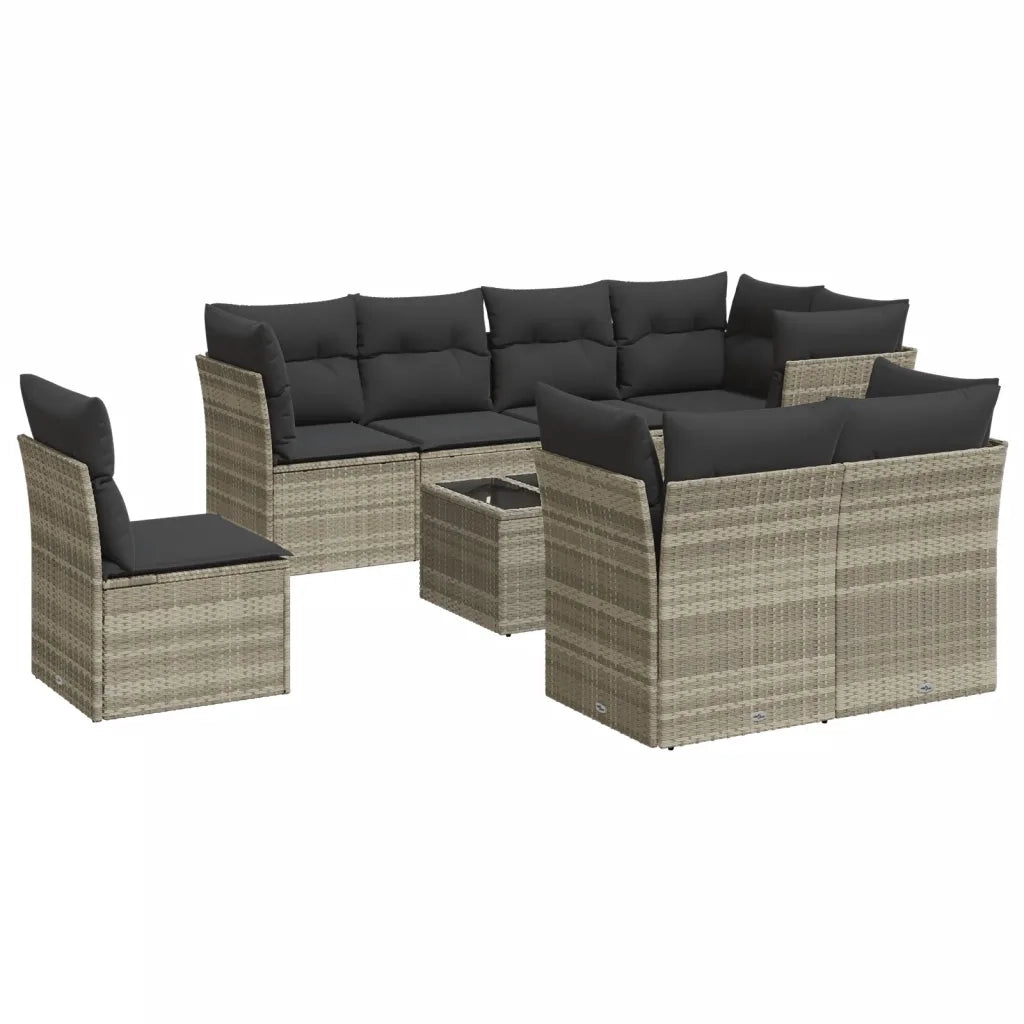 Set Divano da Giardino 9pz con Cuscini Grigio Chiaro Polyrattan