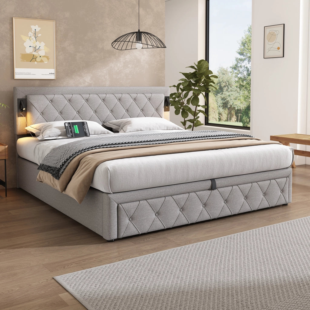 LETTO Contenitore 180x200 cm con downlight e USB, lino grigio