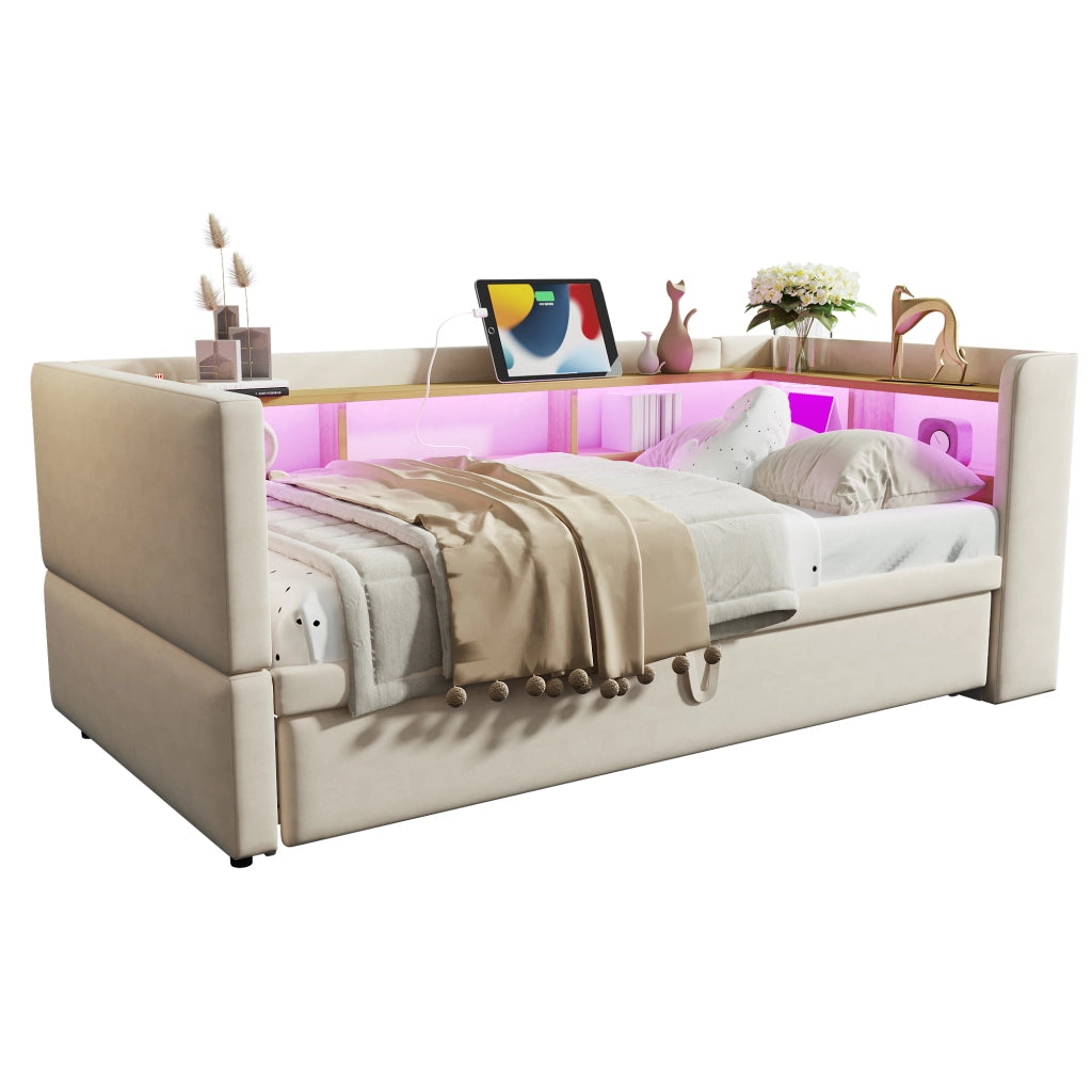 OKWISH Letto Divano Estraibile 90×190 cm e 180×190 cm, Letto Singolo con LED Regolabile, Prese e Scomparti, senza Materasso, Beige