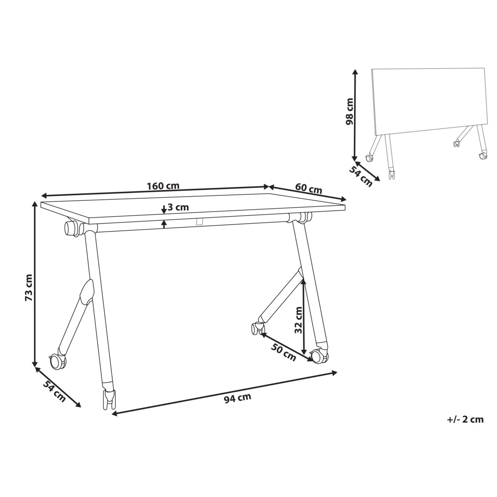 Scrivania rettangolare pieghevole con rotelle portatile con struttura in metallo marrone chiaro e nero 160 x 60 stile moderno