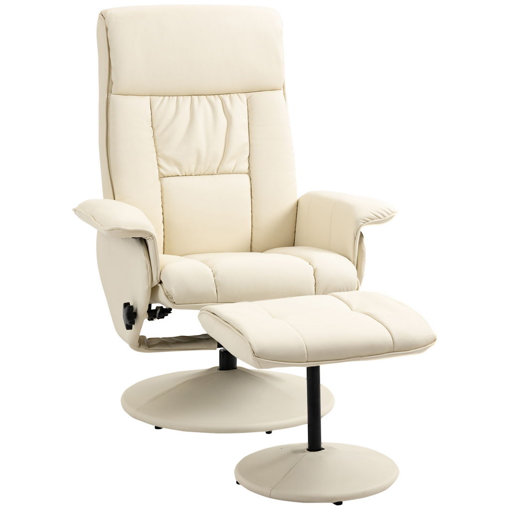 POLTRONA RELAX RECLINABILE CON SEDUTA GIREVOLE E POUF POGGIAPIEDI 80X69X110CM CREMA