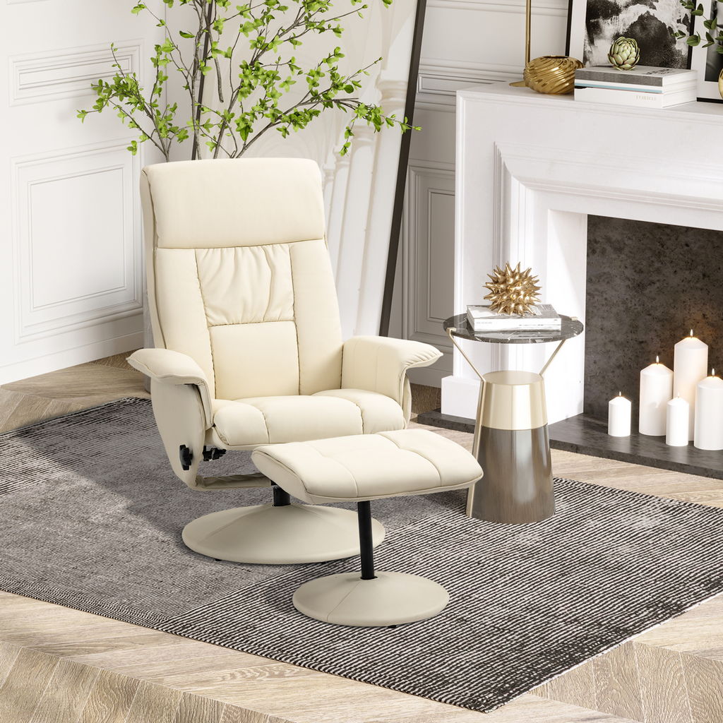 POLTRONA RELAX RECLINABILE CON SEDUTA GIREVOLE E POUF POGGIAPIEDI 80X69X110CM CREMA