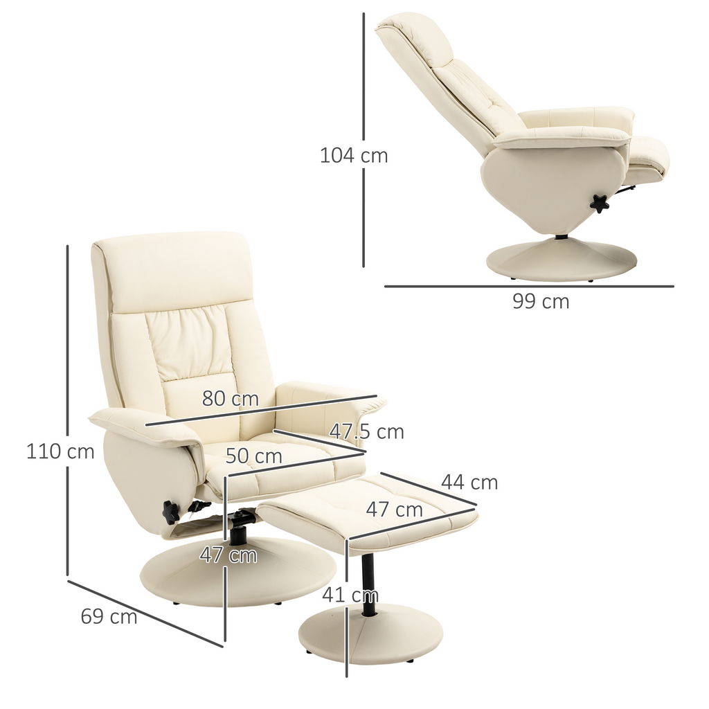 POLTRONA RELAX RECLINABILE CON SEDUTA GIREVOLE E POUF POGGIAPIEDI 80X69X110CM CREMA