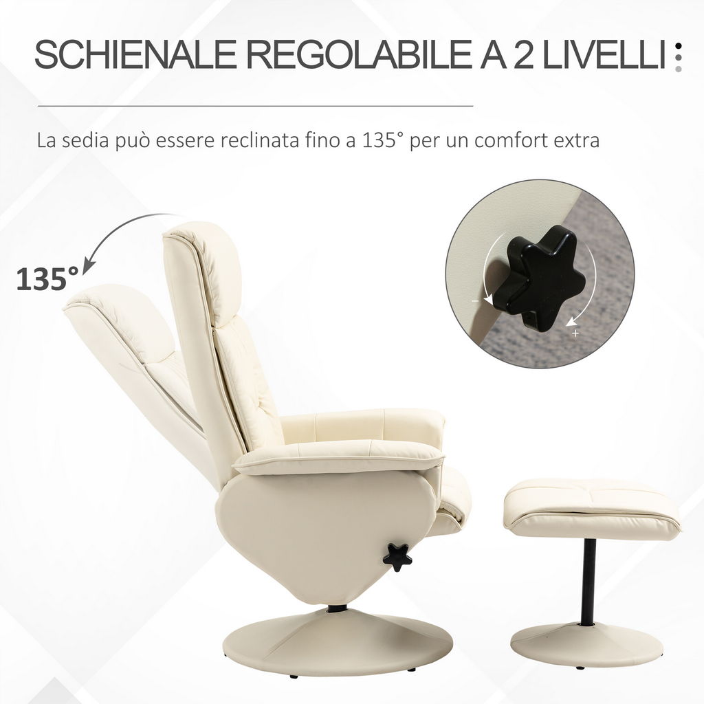 POLTRONA RELAX RECLINABILE CON SEDUTA GIREVOLE E POUF POGGIAPIEDI 80X69X110CM CREMA