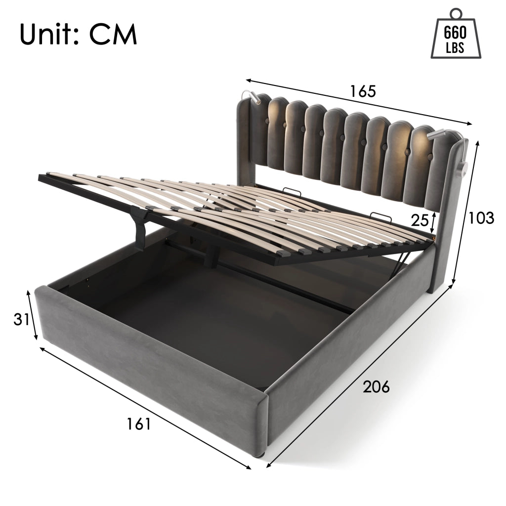 OKWISH Letto contenitore 160×200 cm, Letto Matrimoniale con USB, Lampada da Lettura e Testiera, senza Materasso, in Velluto, Grigio