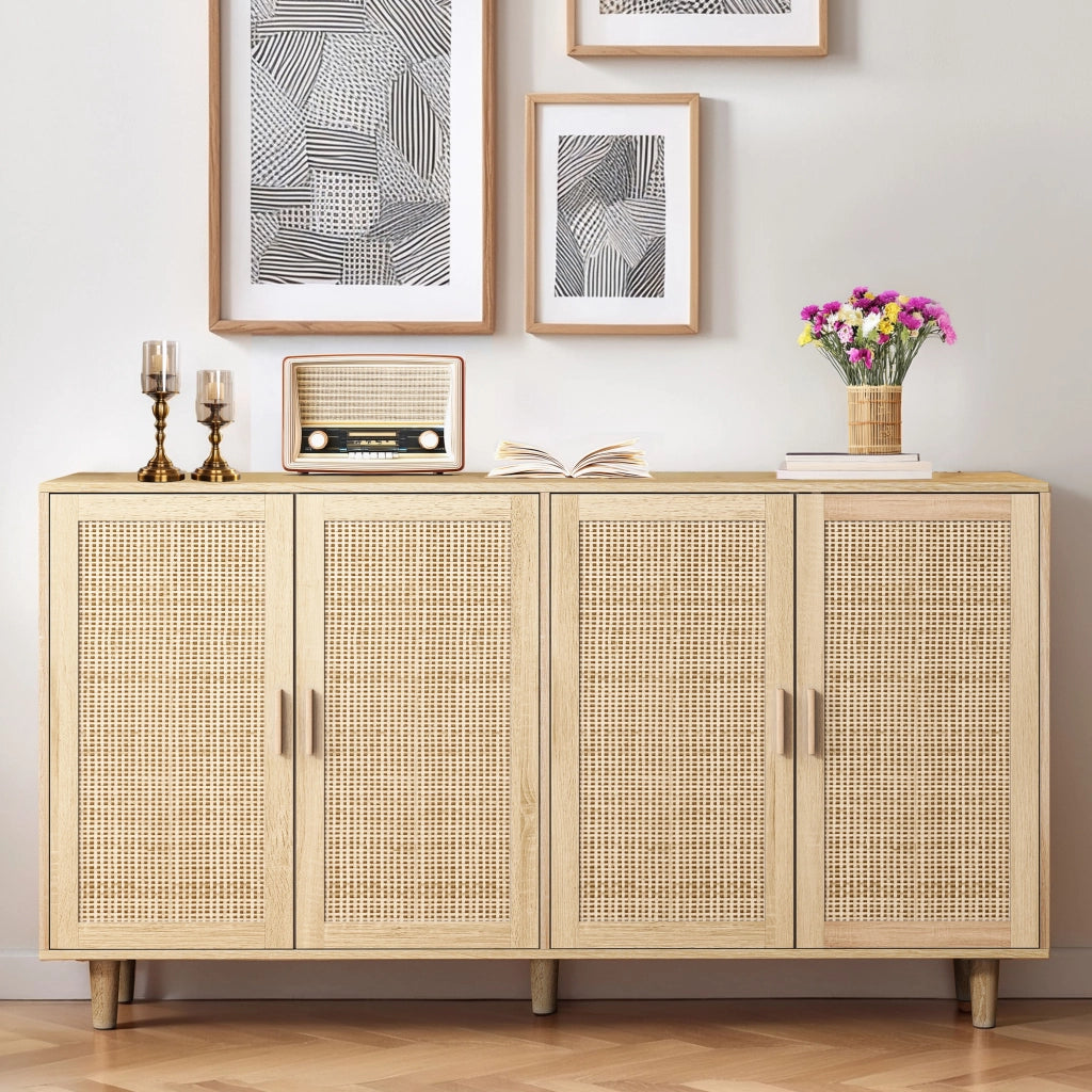 Credenza alta con 4 ante e ripiano regolabile per soggiorno in truciolare 158 x 40 x 88 cm naturale