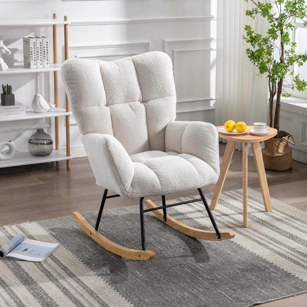 OKWISH Sedia a Dondolo con Schienale Alto Ergonomico e Braccioli Imbottiti, Struttura in Metallo e Legno, Teddy Bianco