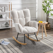 OKWISH Sedia a Dondolo con Schienale Alto Ergonomico e Braccioli Imbottiti, Struttura in Metallo e Legno, Teddy Bianco