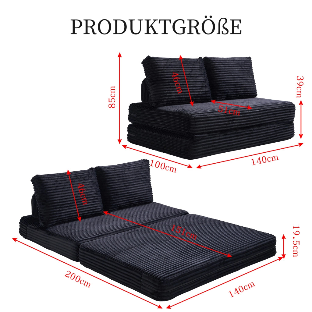 Divano Letto Pieghevole ¨C MINIMAL ¨C Nero, Velluto a Coste, Senza Montaggio