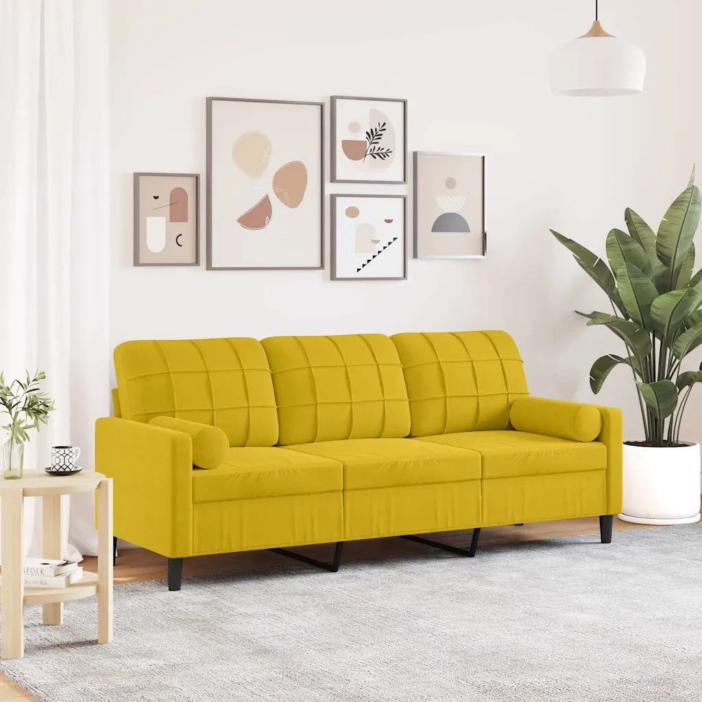 Divano a 3 Posti con Cuscini Giallo 180 cm in Velluto