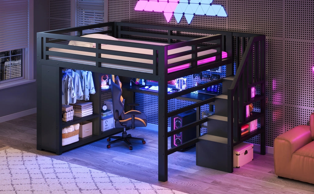 DESMIU Letto a soppalco 140 × 200 cm 2 posti con scrivania, ripiani, LED e armadio aperto, senza materasso, in metallo, nero