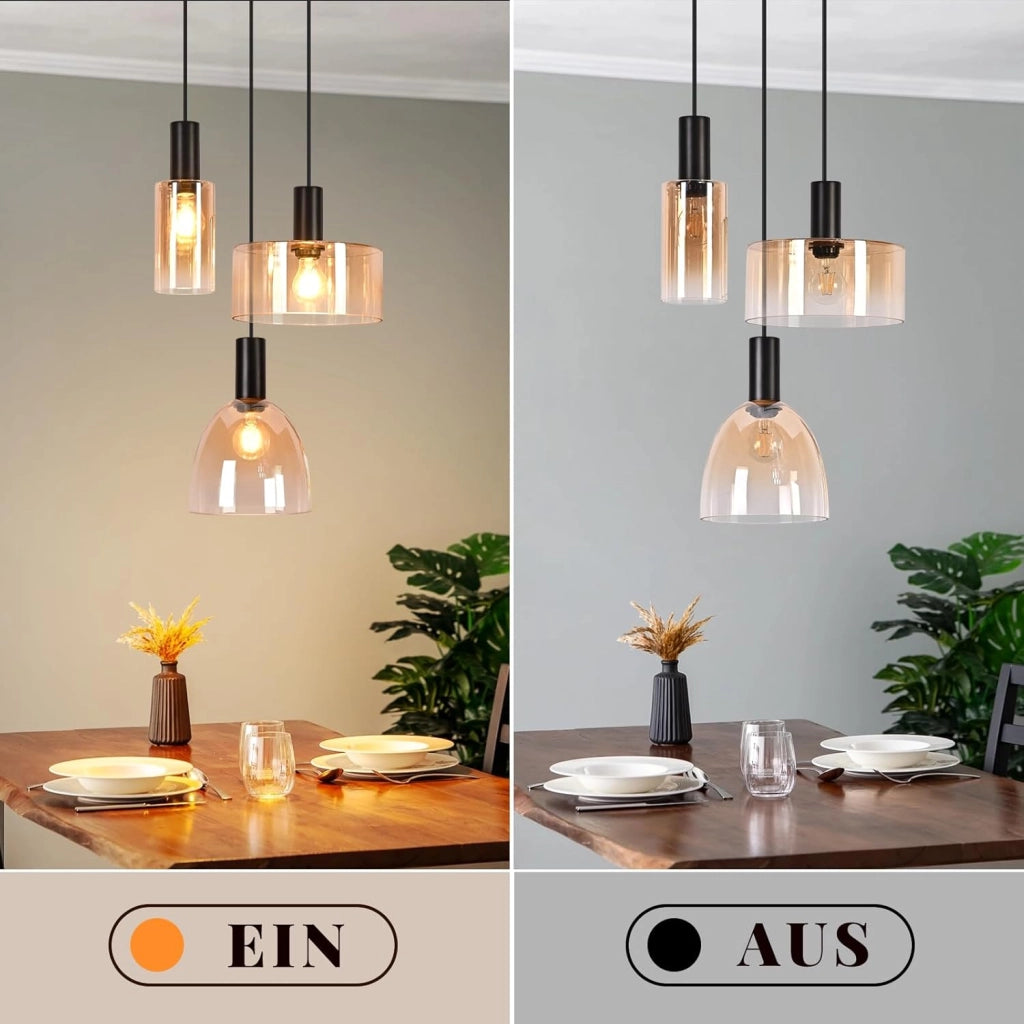 ZMH Lampada a Sospensione 3 Luci Vetro Ambra Industriale Altezza Regolabile per Sala da Pranzo Soggiorno Senza Lampadina