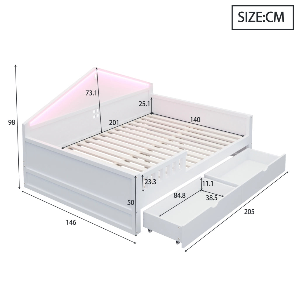 Letto singolo 140×200 cm con 2 cassetti; barra LED; senza materasso; in legno massello e MDF; bianco
