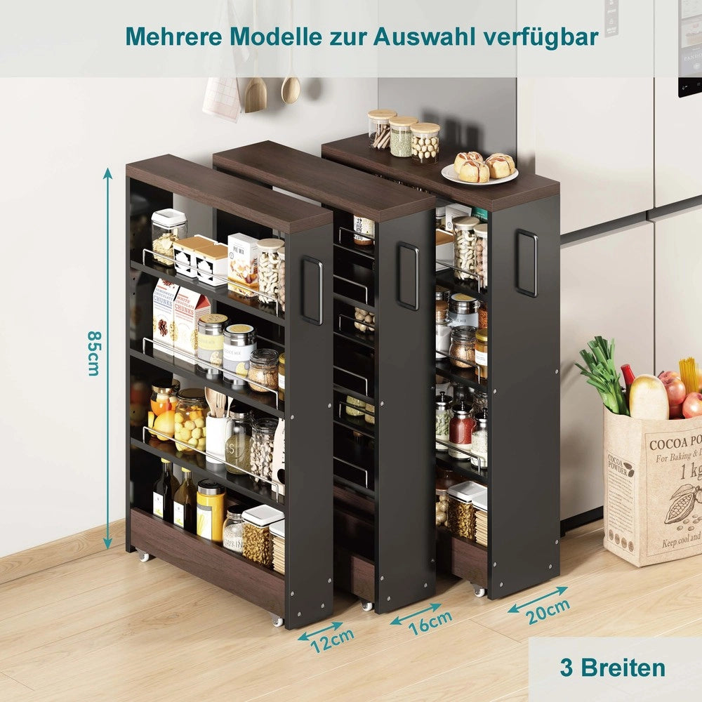 Carrello Portaoggetti Slim con Ruote ¨C Xylo ¨C Nero/Legno, 4 Ripiani, 55x20x85 cm