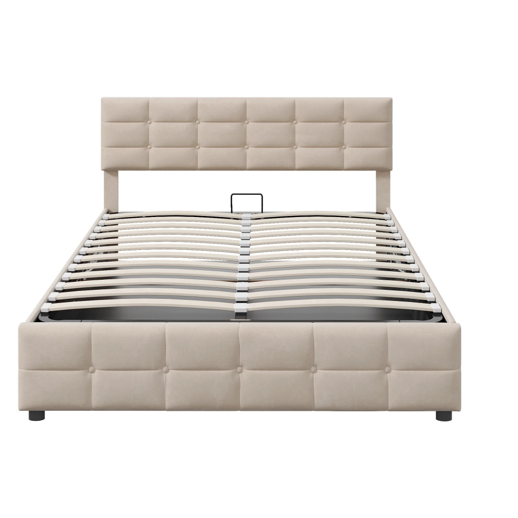Letto contenitore matrimoniale 180×200 cm con rete sollevabile idraulica; senza materasso; velluto olandese; beige