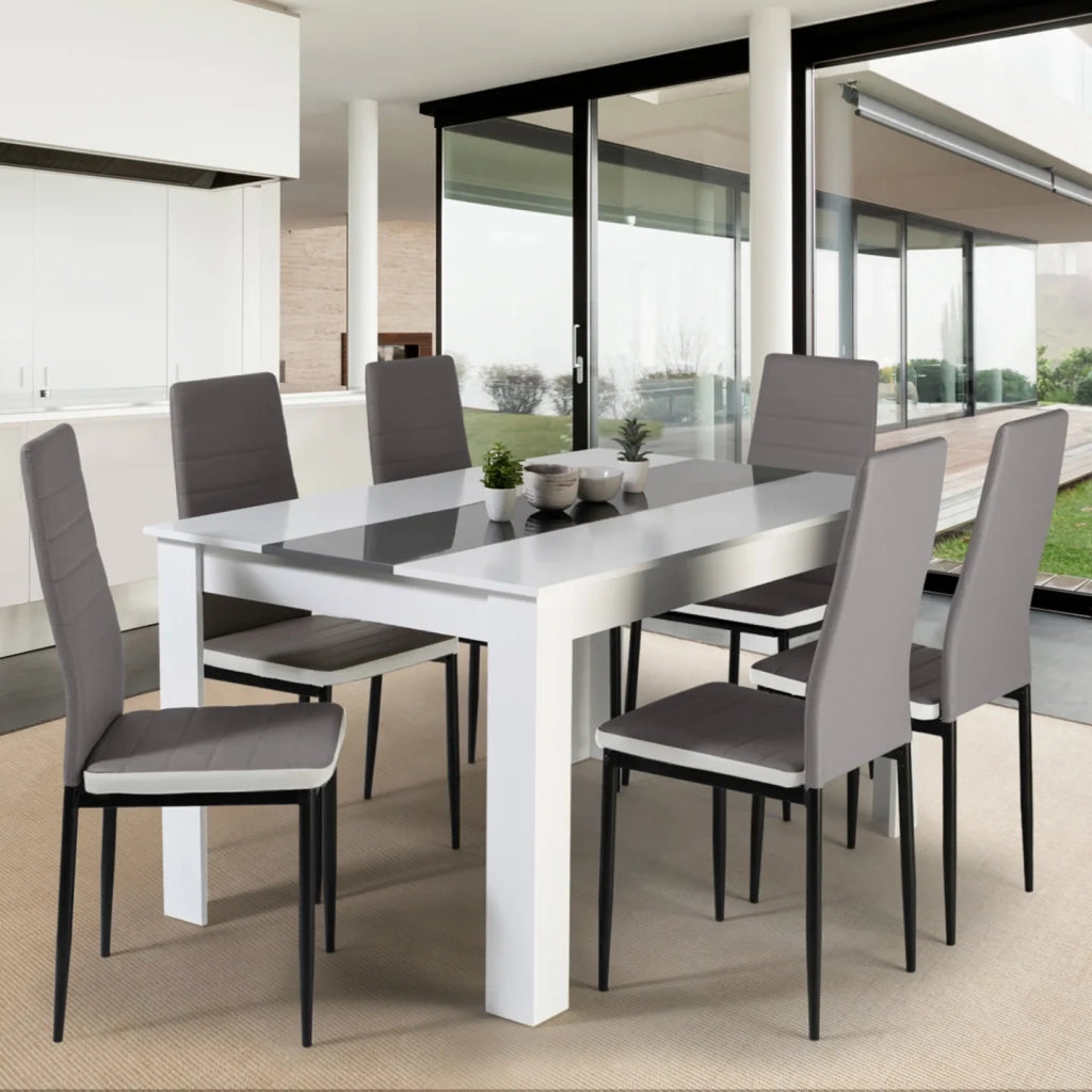 IDMarket - Tavolo da pranzo GEORGIA 140 cm bianco e grigio e 6 sedie ROMANE grigie con bordo bianco