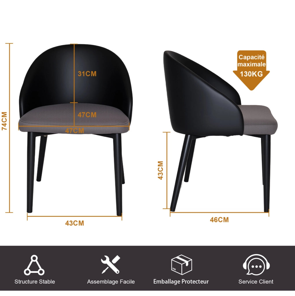 Set di 2 sedie da pranzo moderne con schienale ergonomico in PU nero; seduta in mesh grigio e struttura in acciaio; grigio