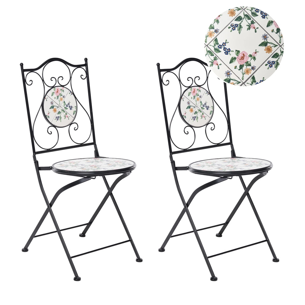 Set di 2 sedie da giardino in ferro nero con piastrelle rotonde in ceramica a mosaico stile ferro battuto pieghevoli