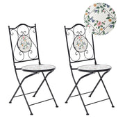Set di 2 sedie da giardino in ferro nero con piastrelle rotonde in ceramica a mosaico stile ferro battuto pieghevoli