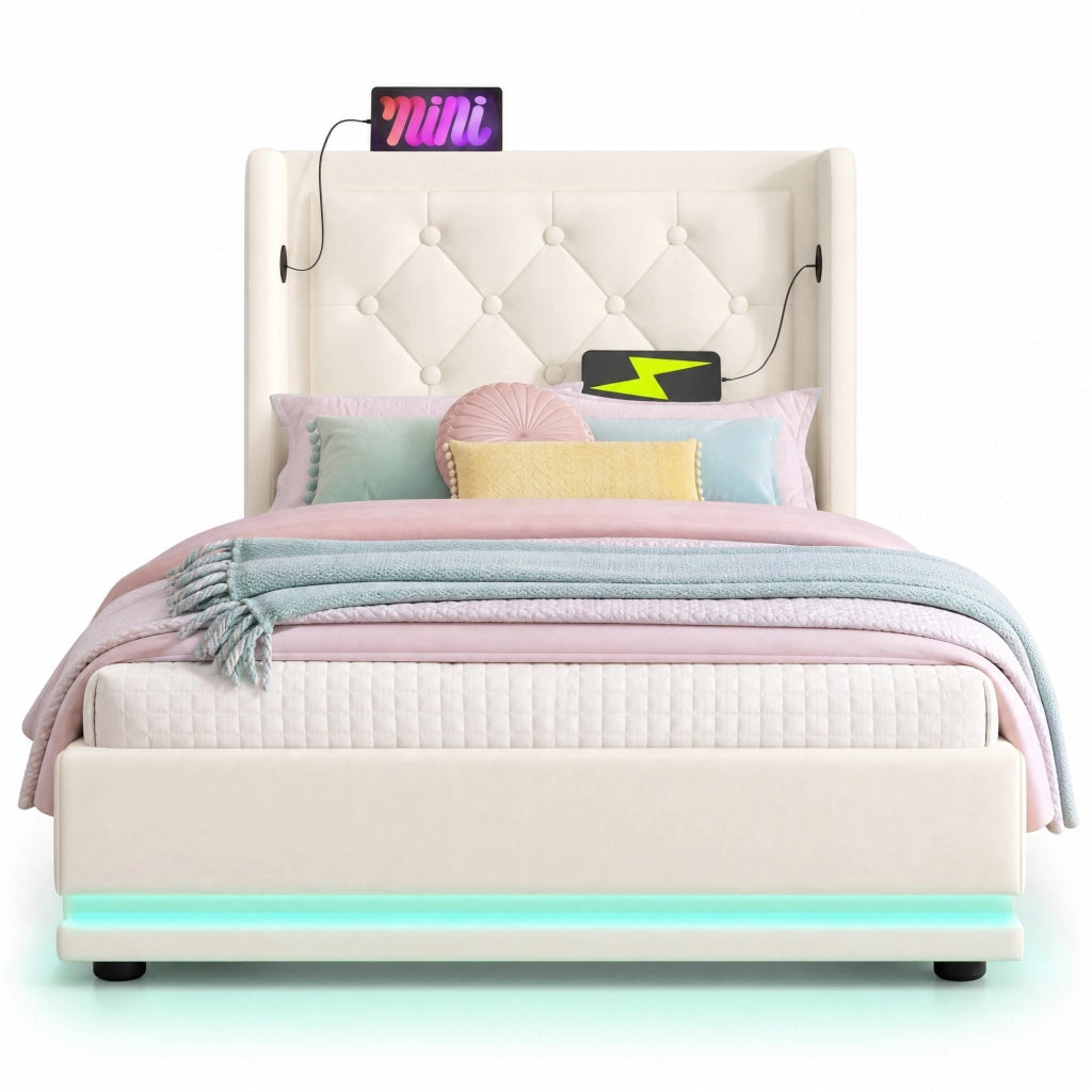 Letto singolo imbottito 90x200 cm in PU bianco con contenitore; LED e USB Type-C