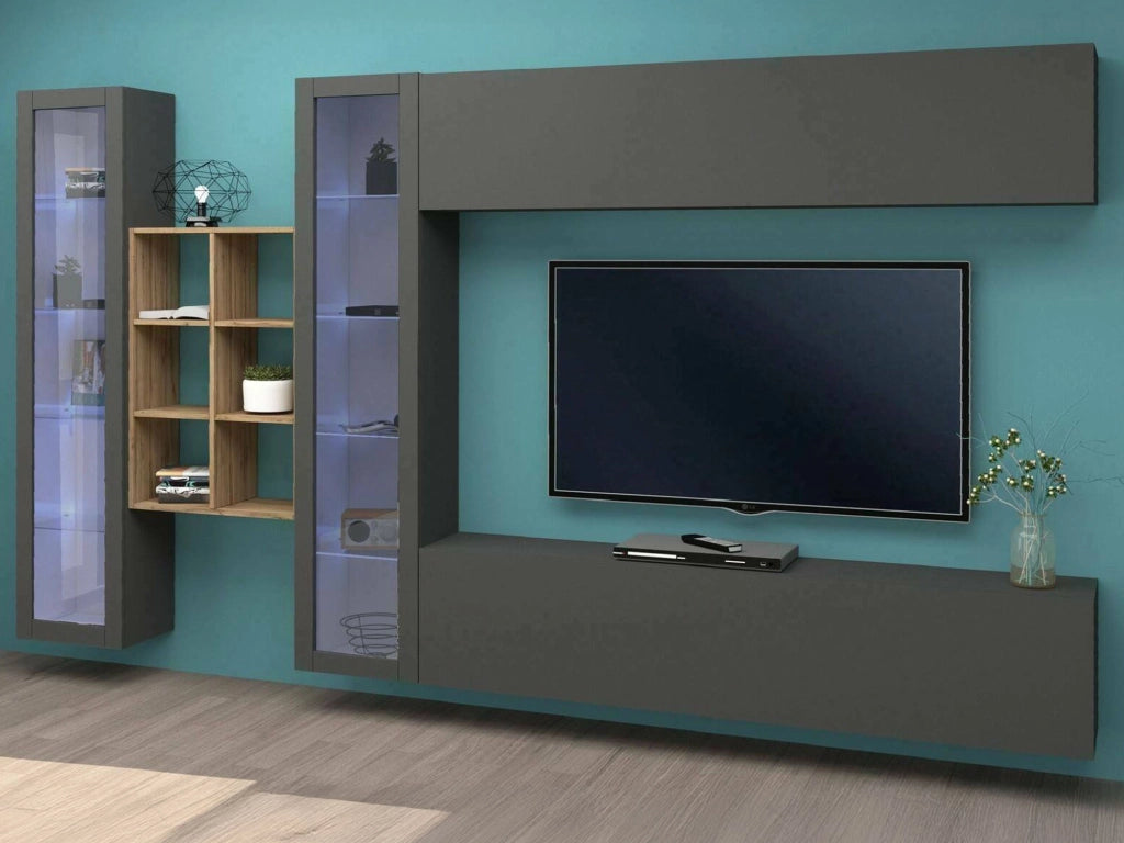 Parete attrezzata Alezio, Set salotto porta TV a 4 ante, Mobile soggiorno multiuso, 100% Made in Italy, cm 280x30h180, Antracite e Acero