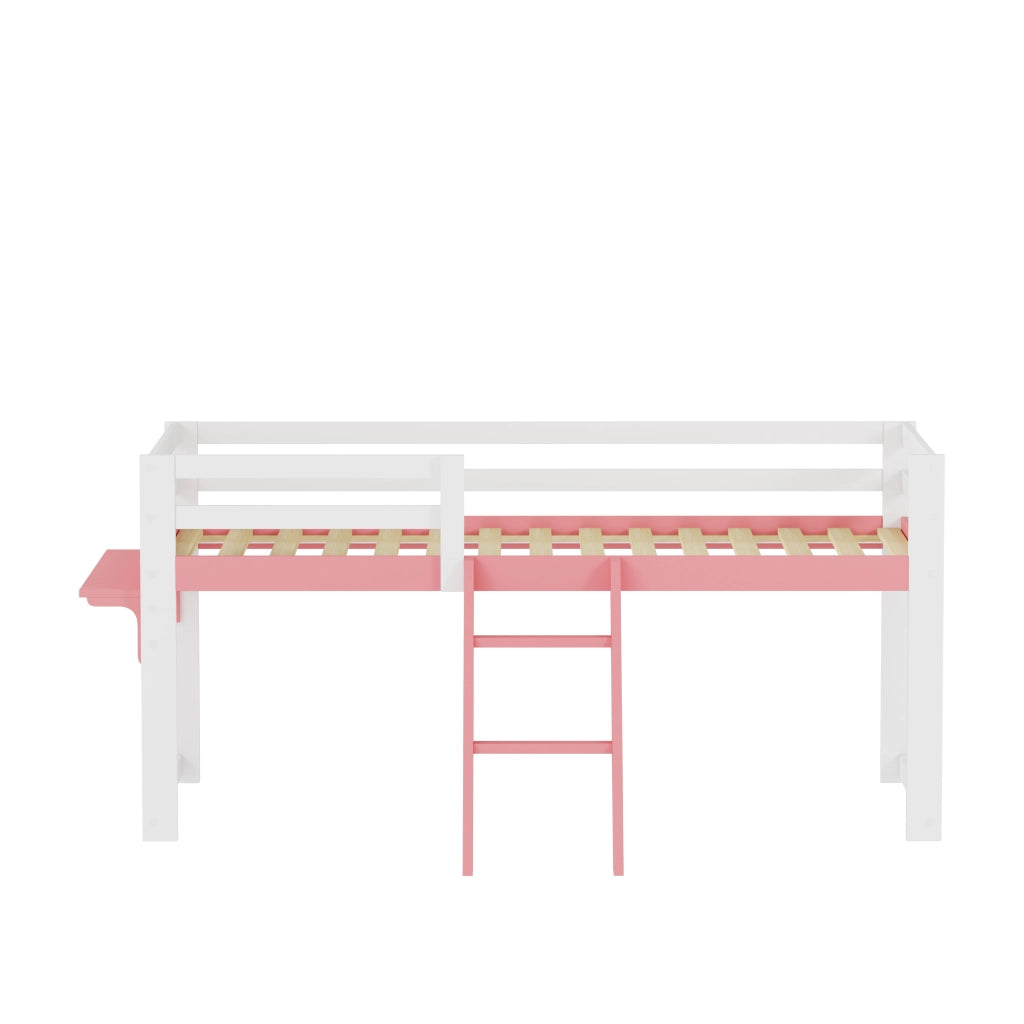 Letto a soppalco per bambini 90x200 cm in legno massello di pino, letto per bambini con sistema anticaduta, scaletta fissa e tavolino contenitore, ret