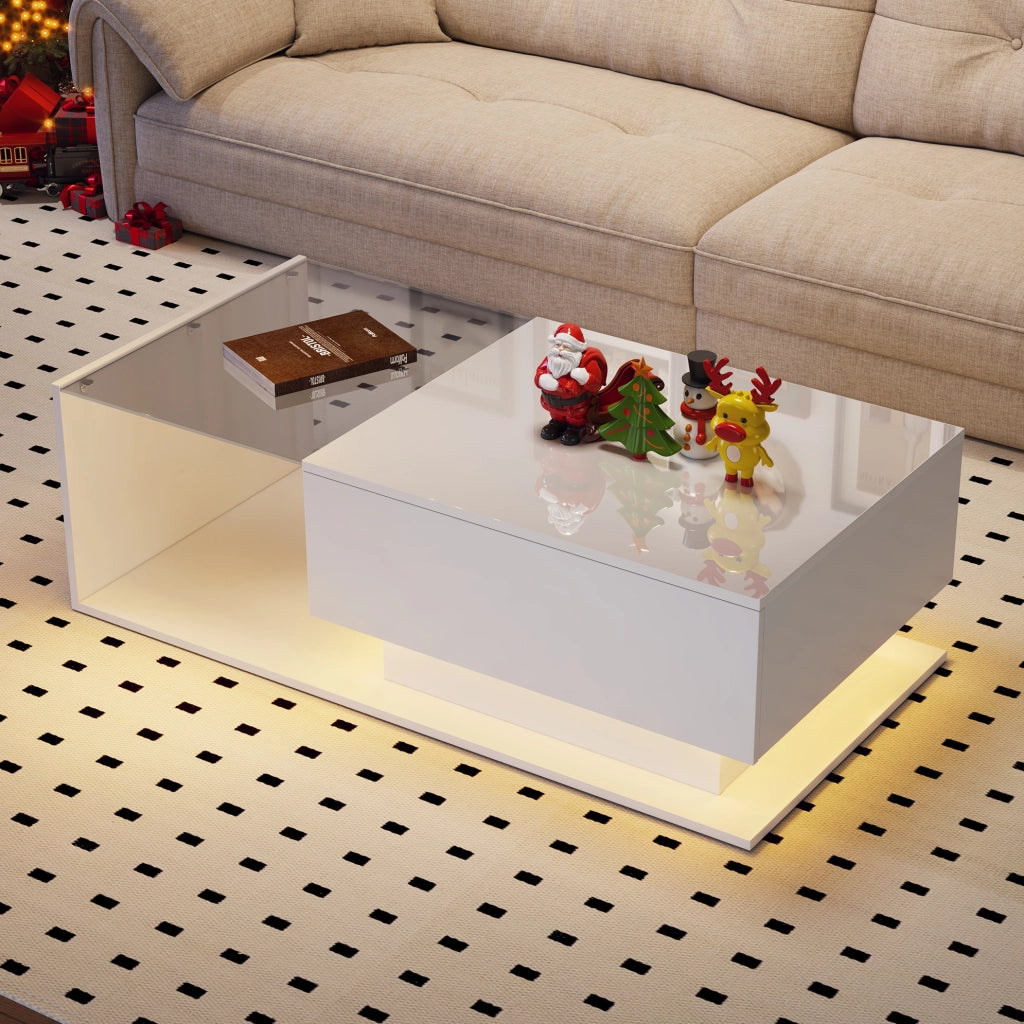Tavolino da salotto moderno 100x50x32 cm bianco lucido con piano in vetro; cassetto e LED